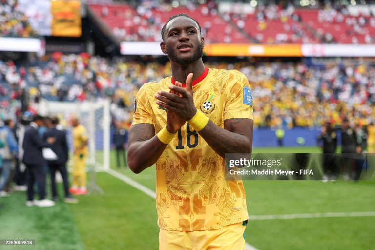 FOXBOROUGH, MASSACHUSETTS - JUNE 23: Jerome Opoku #18 of Ghana applauds fans after the scoreless draw in the FIFA World Cup 2026 Group L match between England and Ghana at Boston Stadium on June 23, 2026 in Foxborough, Massachusetts. (Photo by Maddie Meyer - FIFA/FIFA via Getty Images)