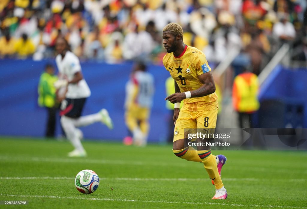 Kwasi Sibo (Ghana)  controls the ball during Group L FIFA World Cup 2026, England and Ghana, Boston Stadium, Boston, USA on June 23  2026. (Photo by Ulrik Pedersen/NurPhoto via Getty Images)