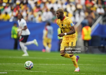 Kwasi Sibo (Ghana)  controls the ball during Group L FIFA World Cup 2026, England and Ghana, Boston Stadium, Boston, USA on June 23  2026. (Photo by Ulrik Pedersen/NurPhoto via Getty Images)