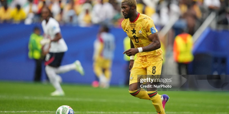 Kwasi Sibo (Ghana) controls the ball during Group L FIFA World Cup 2026, England and Ghana, Boston Stadium, Boston, USA on June 23 2026. (Photo by Ulrik Pedersen/NurPhoto via Getty Images)