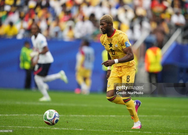 Kwasi Sibo (Ghana)  controls the ball during Group L FIFA World Cup 2026, England and Ghana, Boston Stadium, Boston, USA on June 23  2026. (Photo by Ulrik Pedersen/NurPhoto via Getty Images)