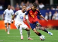 ATLANTA, GEORGIA - JUNE 15: Pau Cubarsi #22 of Spain passes the ball under pressure from Dailon Livramento #19 of Cabo Verde during the FIFA World Cup 2026 Group H match between Spain and Cabo Verde at Atlanta Stadium on June 15, 2026 in Atlanta, Georgia. (Photo by Patrick Smith - FIFA/FIFA via Getty Images)