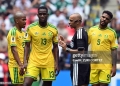 Brazilian referee Wilton Sampaio talks with South Africa's midfielder #13 Sphephelo Sithole during the 2026 World Cup Group A football match between Mexico and South Africa at the Mexico City Stadium in Mexico City on June 11, 2026. (Photo by Yuri CORTEZ / AFP via Getty Images)