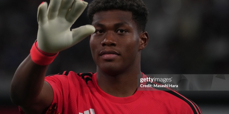 TOKYO, JAPAN - MAY 31: Zion Suzuki of Japan looks on during the international friendly match between Japan and Iceland at MUFG Stadium on May 31, 2026 in Tokyo, Japan. (Photo by Masashi Hara/Getty Images)