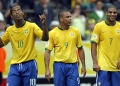 Dortmund, GERMANY:  Brazilian forward Adriano (R) celebrates after scoring his team's second goal with Brazilian forward Ronaldo (C), who scored their first goal, as Brazilian midfielder Ronaldinho (L) gestures during the round of 16 World Cup football match between Brazil and Ghana at Dortmund's World Cup Stadium, 27 June 2006. Brazil were leading 2-0 at half-time.       AFP PHOTO / VANDERLEI ALMEIDA  (Photo credit should read VANDERLEI ALMEIDA/AFP via Getty Images)