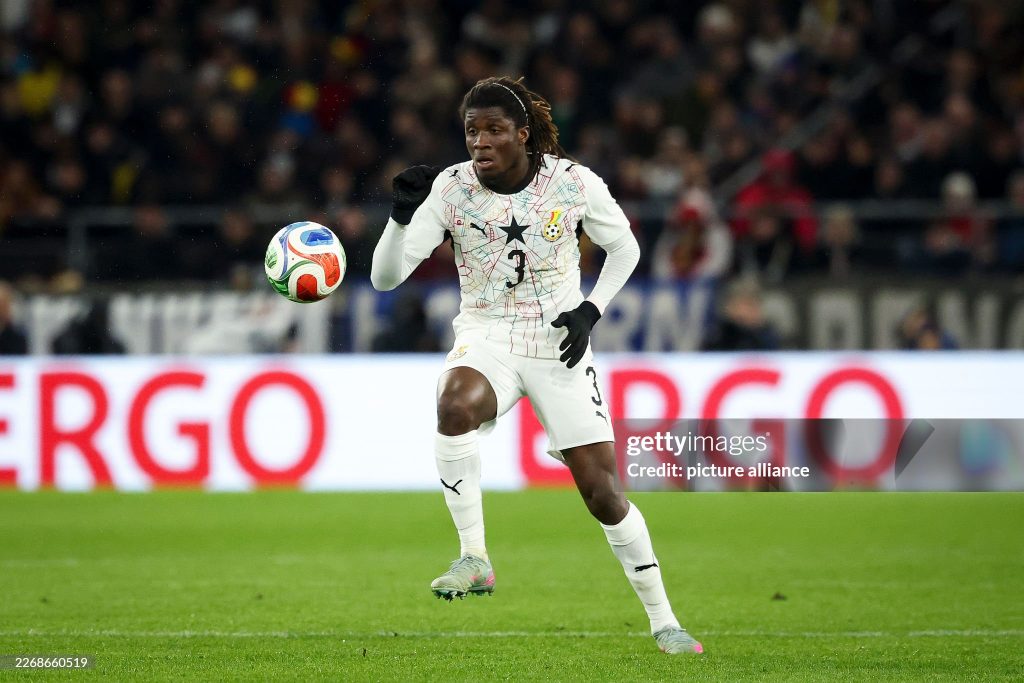 30 March 2026, Baden-Württemberg, Stuttgart: Soccer, Men: International matches, Germany - Ghana, MHPArena, Caleb Yirenkyi (Ghana) in action. Photo: Christian Charisius/dpa - IMPORTANT NOTE: In accordance with the regulations of the DFL German Football League and the DFB German Football Association, it is prohibited to utilize or have utilized photographs taken in the stadium and/or of the match in the form of sequential images and/or video-like photo series. (Photo by Christian Charisius/picture alliance via Getty Images)