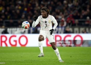 30 March 2026, Baden-Württemberg, Stuttgart: Soccer, Men: International matches, Germany - Ghana, MHPArena, Caleb Yirenkyi (Ghana) in action. Photo: Christian Charisius/dpa - IMPORTANT NOTE: In accordance with the regulations of the DFL German Football League and the DFB German Football Association, it is prohibited to utilize or have utilized photographs taken in the stadium and/or of the match in the form of sequential images and/or video-like photo series. (Photo by Christian Charisius/picture alliance via Getty Images)