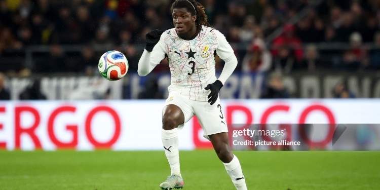 30 March 2026, Baden-Württemberg, Stuttgart: Soccer, Men: International matches, Germany - Ghana, MHPArena, Caleb Yirenkyi (Ghana) in action. Photo: Christian Charisius/dpa - IMPORTANT NOTE: In accordance with the regulations of the DFL German Football League and the DFB German Football Association, it is prohibited to utilize or have utilized photographs taken in the stadium and/or of the match in the form of sequential images and/or video-like photo series. (Photo by Christian Charisius/picture alliance via Getty Images)
