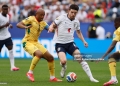 FOXBOROUGH, MASSACHUSETTS - JUNE 23: Jordan Ayew of Ghana and Declan Rice of England challenge during the FIFA World Cup 2026 Group L match between England and Ghana at Boston Stadium on June 23, 2026 in Foxborough, Massachusetts. (Photo by Richard Sellers/Sportsphoto/Allstar via Getty Images)