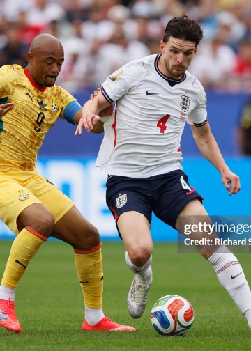 FOXBOROUGH, MASSACHUSETTS - JUNE 23: Jordan Ayew of Ghana and Declan Rice of England challenge during the FIFA World Cup 2026 Group L match between England and Ghana at Boston Stadium on June 23, 2026 in Foxborough, Massachusetts. (Photo by Richard Sellers/Sportsphoto/Allstar via Getty Images)