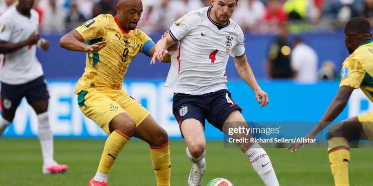 FOXBOROUGH, MASSACHUSETTS - JUNE 23: Jordan Ayew of Ghana and Declan Rice of England challenge during the FIFA World Cup 2026 Group L match between England and Ghana at Boston Stadium on June 23, 2026 in Foxborough, Massachusetts. (Photo by Richard Sellers/Sportsphoto/Allstar via Getty Images)