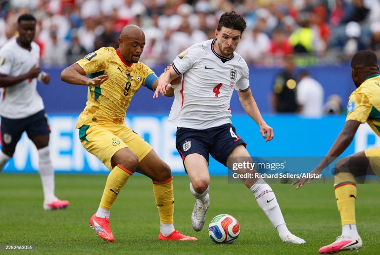 FOXBOROUGH, MASSACHUSETTS - JUNE 23: Jordan Ayew of Ghana and Declan Rice of England challenge during the FIFA World Cup 2026 Group L match between England and Ghana at Boston Stadium on June 23, 2026 in Foxborough, Massachusetts. (Photo by Richard Sellers/Sportsphoto/Allstar via Getty Images)