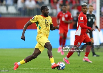 TORONTO, ONTARIO - JUNE 17: Elisha Owusu #15 of Ghana runs with the ball during the FIFA World Cup 2026 Group L match between Ghana and Panama at Toronto Stadium on June 17, 2026 in Toronto, Ontario. (Photo by Robert Cianflone/Getty Images)