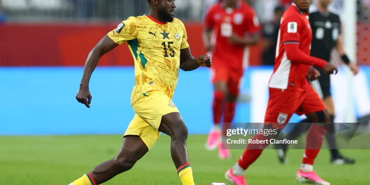 TORONTO, ONTARIO - JUNE 17: Elisha Owusu #15 of Ghana runs with the ball during the FIFA World Cup 2026 Group L match between Ghana and Panama at Toronto Stadium on June 17, 2026 in Toronto, Ontario. (Photo by Robert Cianflone/Getty Images)