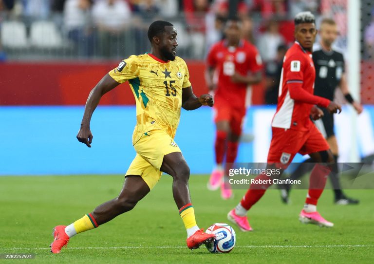 TORONTO, ONTARIO - JUNE 17: Elisha Owusu #15 of Ghana runs with the ball during the FIFA World Cup 2026 Group L match between Ghana and Panama at Toronto Stadium on June 17, 2026 in Toronto, Ontario. (Photo by Robert Cianflone/Getty Images)