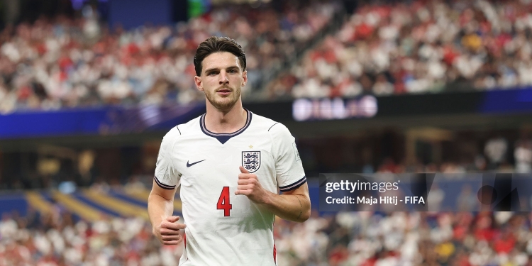 DALLAS, TEXAS - JUNE 17: Declan Rice #4 of England looks on during the FIFA World Cup 2026 Group L match between England and Croatia at Dallas Stadium on June 17, 2026 in Dallas, Texas. (Photo by Maja Hitij - FIFA/FIFA via Getty Images)