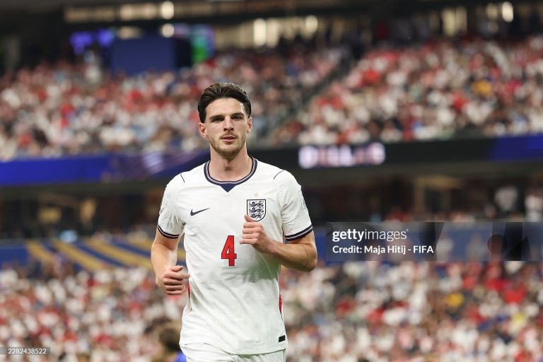 DALLAS, TEXAS - JUNE 17: Declan Rice #4 of England looks on during the FIFA World Cup 2026 Group L match between England and Croatia at Dallas Stadium on June 17, 2026 in Dallas, Texas. (Photo by Maja Hitij - FIFA/FIFA via Getty Images)