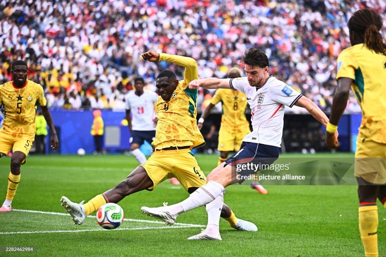 23 June 2026, USA, Foxborough: Soccer, Men, 2026 World Cup, England vs. Ghana, Group Stage, Group L, Matchday 2, Boston Stadium, Jonas Adjetey (left, Ghana) in a tackle with Declan Rice (England). PLEASE NOTE: In accordance with FIFA regulations, these images may be used exclusively for editorial purposes. Commercial use is prohibited. Furthermore, no video-like sequences may be created, and no alterations may be made to the image, either in the foreground or the background. Photo: Tom Weller/dpa (Photo by Tom Weller/picture alliance via Getty Images)