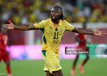 Ghana's forward #11 Antoine Semenyo gestures during the 2026 World Cup Group L football match between Ghana and Panama at the Toronto Stadium in Toronto on June 17, 2026. (Photo by Cole Burston / AFP via Getty Images)