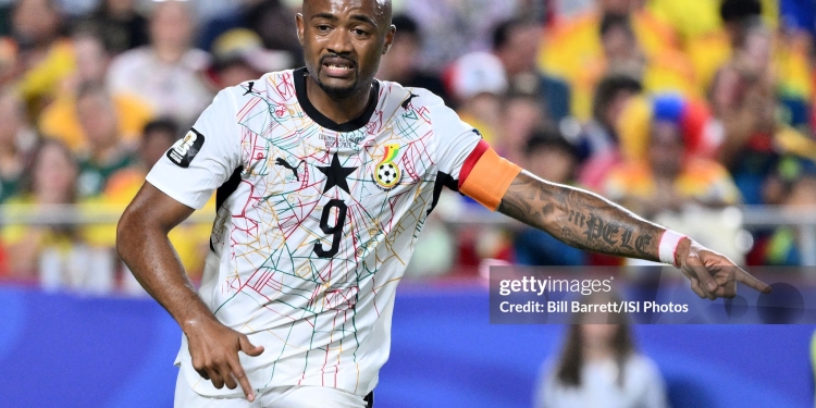 KANSAS CITY, MISSOURI - JULY 03: Jordan Ayew #9 of Ghana during the second half of a FIFA World Cup 2026 Round Of 32 match between Colombia and Ghana at Kansas City Stadium on July 3, 2026 in Kansas City, Missouri. (Photo by Bill Barrett/ISI Photos/ISI Photos via Getty Images)