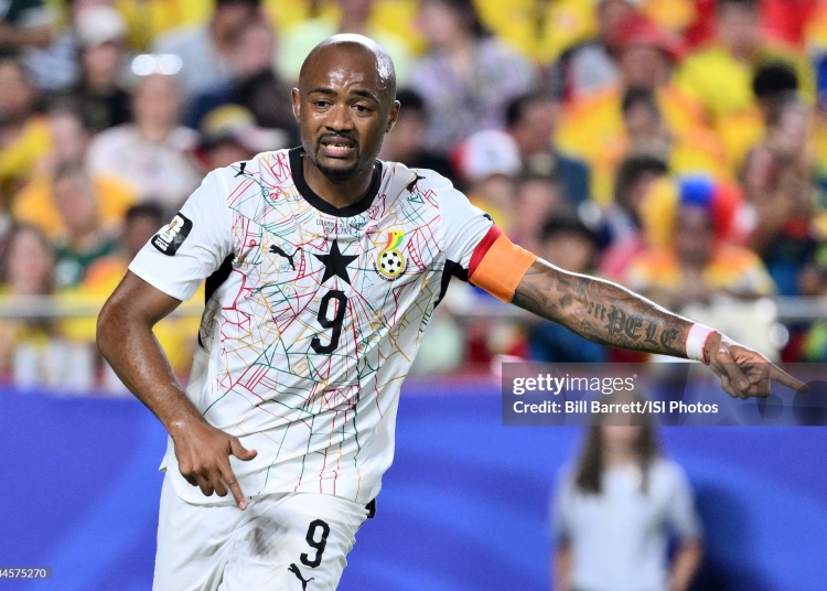 KANSAS CITY, MISSOURI - JULY 03: Jordan Ayew #9 of Ghana during the second half of a FIFA World Cup 2026 Round Of 32 match between Colombia and Ghana at Kansas City Stadium on July 3, 2026 in Kansas City, Missouri. (Photo by Bill Barrett/ISI Photos/ISI Photos via Getty Images)