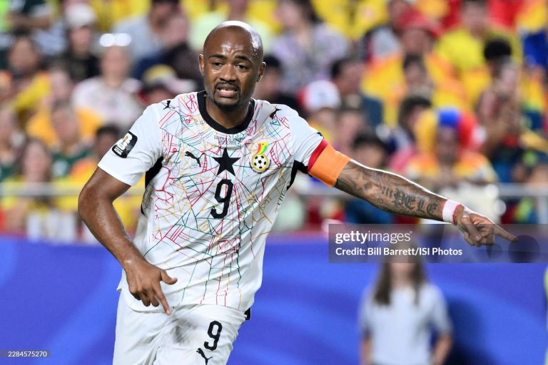 KANSAS CITY, MISSOURI - JULY 03: Jordan Ayew #9 of Ghana during the second half of a FIFA World Cup 2026 Round Of 32 match between Colombia and Ghana at Kansas City Stadium on July 3, 2026 in Kansas City, Missouri. (Photo by Bill Barrett/ISI Photos/ISI Photos via Getty Images)