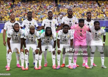 KANSAS CITY, MISSOURI - JULY 03: Ghana players pose for a team photograph before the FIFA World Cup 2026 Round of 32 match between Colombia and Ghana at Kansas City Stadium on July 03, 2026 in Kansas City, Missouri. (Photo by Luke Hales/Getty Images)