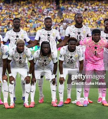 KANSAS CITY, MISSOURI - JULY 03: Ghana players pose for a team photograph before the FIFA World Cup 2026 Round of 32 match between Colombia and Ghana at Kansas City Stadium on July 03, 2026 in Kansas City, Missouri. (Photo by Luke Hales/Getty Images)
