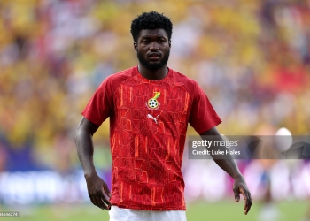 KANSAS CITY, MISSOURI - JULY 03: Christopher Bonsu Baah #13 of Ghana warms up during the FIFA World Cup 2026 Round Of 32 match between Colombia and Ghana at Kansas City Stadium on July 03, 2026 in Kansas City, Missouri. (Photo by Luke Hales/Getty Images)
