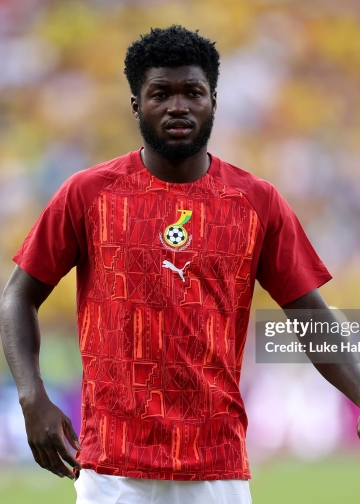 KANSAS CITY, MISSOURI - JULY 03: Christopher Bonsu Baah #13 of Ghana warms up during the FIFA World Cup 2026 Round Of 32 match between Colombia and Ghana at Kansas City Stadium on July 03, 2026 in Kansas City, Missouri. (Photo by Luke Hales/Getty Images)