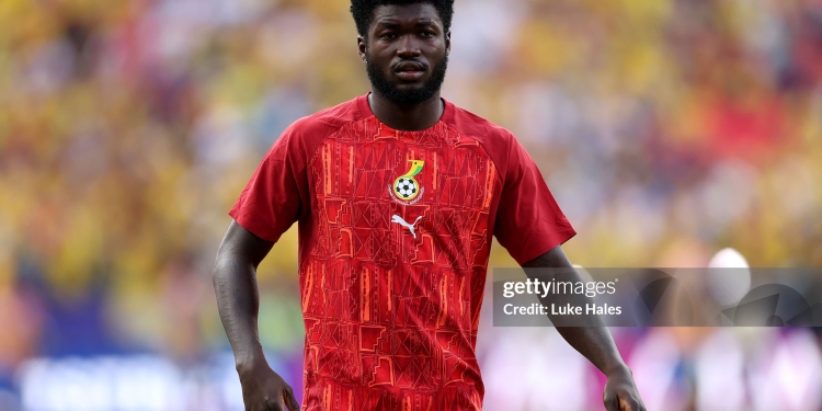 KANSAS CITY, MISSOURI - JULY 03: Christopher Bonsu Baah #13 of Ghana warms up during the FIFA World Cup 2026 Round Of 32 match between Colombia and Ghana at Kansas City Stadium on July 03, 2026 in Kansas City, Missouri. (Photo by Luke Hales/Getty Images)