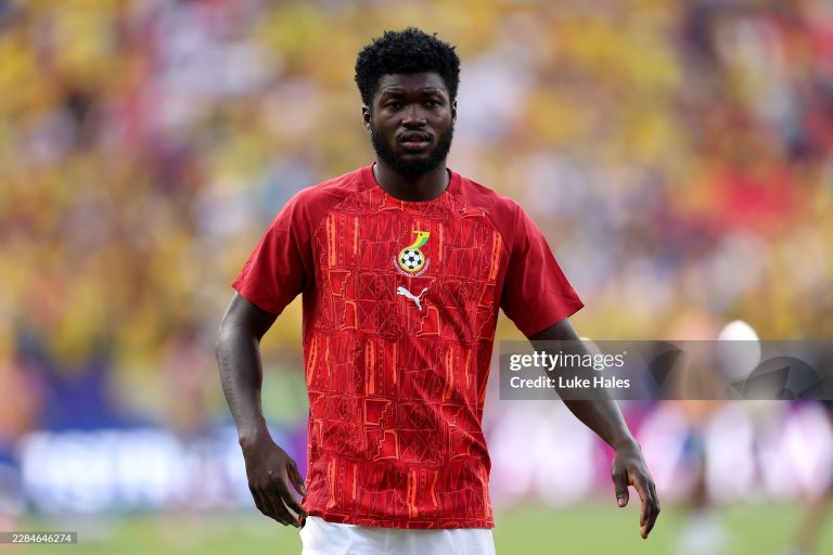 KANSAS CITY, MISSOURI - JULY 03: Christopher Bonsu Baah #13 of Ghana warms up during the FIFA World Cup 2026 Round Of 32 match between Colombia and Ghana at Kansas City Stadium on July 03, 2026 in Kansas City, Missouri. (Photo by Luke Hales/Getty Images)