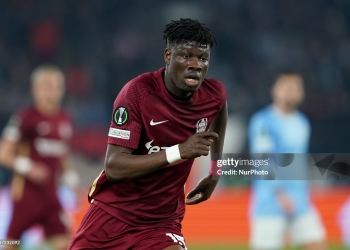 Emmanuel Yeboah of Cluj CFR during the UEFA Europa Conference League knockout round play-off leg one match between SS Lazio and Cluj CFR at Stadio Olimpico, Rome, Italy on 16 February 2023. (Photo by Giuseppe Maffia/NurPhoto via Getty Images)