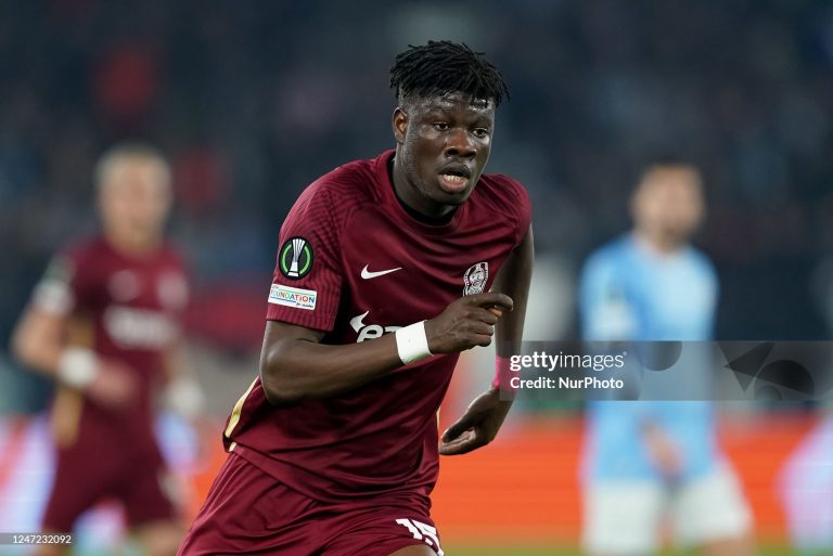 Emmanuel Yeboah of Cluj CFR during the UEFA Europa Conference League knockout round play-off leg one match between SS Lazio and Cluj CFR at Stadio Olimpico, Rome, Italy on 16 February 2023. (Photo by Giuseppe Maffia/NurPhoto via Getty Images)