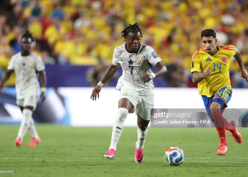 KANSAS CITY, MISSOURI - JULY 03: Fatawu Issahaku #7 of Ghana controls the ball under pressure from Gustavo Puerta #14 of Colombia during the FIFA World Cup 2026 Round of 32 match between Colombia and Ghana at Kansas City Stadium on July 03, 2026 in Kansas City, Missouri. (Photo by Julian Finney - FIFA/FIFA via Getty Images)