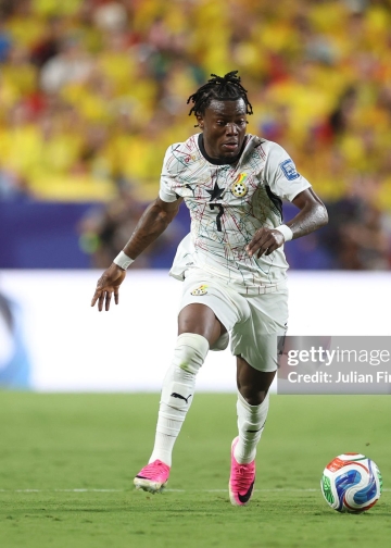KANSAS CITY, MISSOURI - JULY 03: Fatawu Issahaku #7 of Ghana controls the ball under pressure from Gustavo Puerta #14 of Colombia during the FIFA World Cup 2026 Round of 32 match between Colombia and Ghana at Kansas City Stadium on July 03, 2026 in Kansas City, Missouri. (Photo by Julian Finney - FIFA/FIFA via Getty Images)