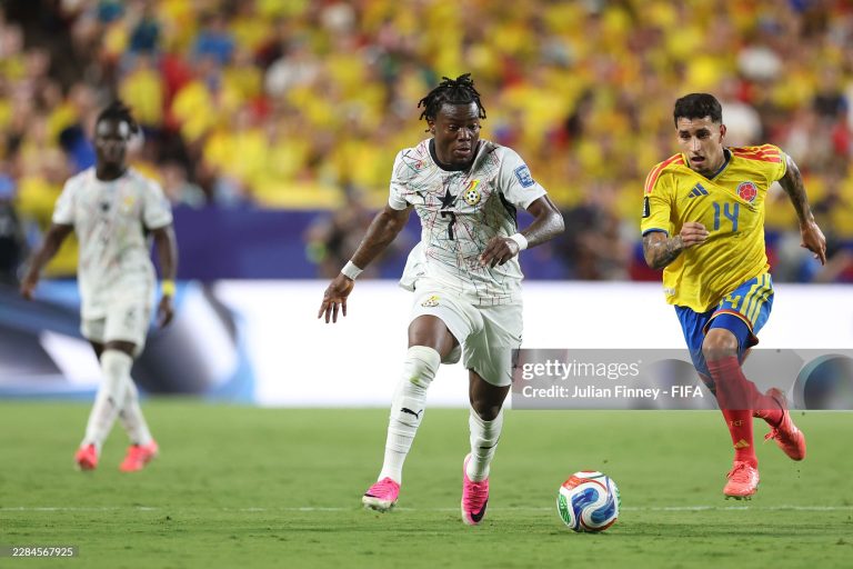 KANSAS CITY, MISSOURI - JULY 03: Fatawu Issahaku #7 of Ghana controls the ball under pressure from Gustavo Puerta #14 of Colombia during the FIFA World Cup 2026 Round of 32 match between Colombia and Ghana at Kansas City Stadium on July 03, 2026 in Kansas City, Missouri. (Photo by Julian Finney - FIFA/FIFA via Getty Images)