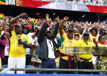 FOXBOROUGH, MA - JUNE 23: Fans of Ghana cheer on their team during the FIFA World Cup 2026 Group L match between England and Ghana on June 23, 2026, at Boston Stadium in Foxborough, MA. (Photo by M. Anthony Nesmith/Icon Sportswire via Getty Images)