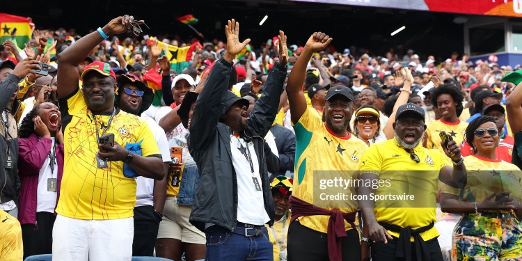 FOXBOROUGH, MA - JUNE 23: Fans of Ghana cheer on their team during the FIFA World Cup 2026 Group L match between England and Ghana on June 23, 2026, at Boston Stadium in Foxborough, MA. (Photo by M. Anthony Nesmith/Icon Sportswire via Getty Images)