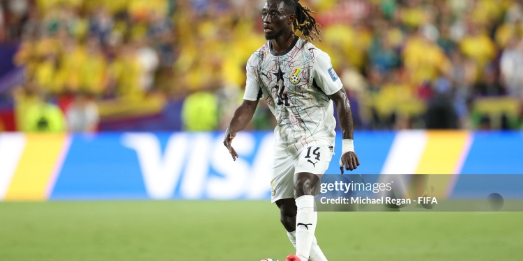 KANSAS CITY, MISSOURI - JULY 03: Gideon Mensah #14 of Ghana controls the ball during the FIFA World Cup 2026 Round of 32 match between Colombia and Ghana at Kansas City Stadium on July 03, 2026 in Kansas City, Missouri. (Photo by Michael Regan - FIFA/FIFA via Getty Images)