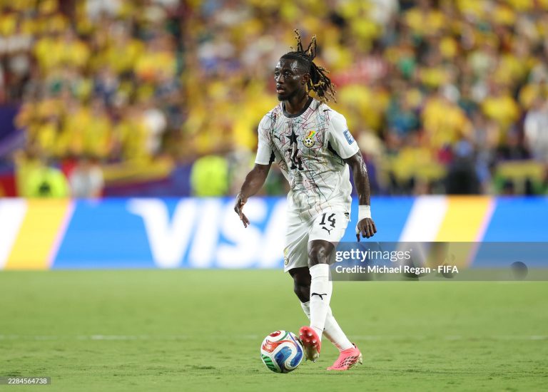 KANSAS CITY, MISSOURI - JULY 03: Gideon Mensah #14 of Ghana controls the ball during the FIFA World Cup 2026 Round of 32 match between Colombia and Ghana at Kansas City Stadium on July 03, 2026 in Kansas City, Missouri. (Photo by Michael Regan - FIFA/FIFA via Getty Images)