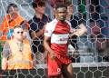 Essevee's Joseph Opoku celebrates after scoring during a soccer match between SV Zulte Waregem and FCV Dender EH, Saturday 09 May 2026 in Waregem, on the sixth and last day of the Relegation Play-offs of the 2025-2026 'Jupiler Pro League' first division of the Belgian championship. BELGA PHOTO KURT DESPLENTER (Photo by KURT DESPLENTER / BELGA MAG / Belga / AFP via Getty Images)