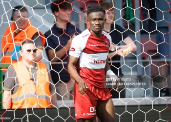 Essevee's Joseph Opoku celebrates after scoring during a soccer match between SV Zulte Waregem and FCV Dender EH, Saturday 09 May 2026 in Waregem, on the sixth and last day of the Relegation Play-offs of the 2025-2026 'Jupiler Pro League' first division of the Belgian championship. BELGA PHOTO KURT DESPLENTER (Photo by KURT DESPLENTER / BELGA MAG / Belga / AFP via Getty Images)