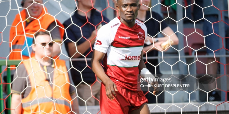 Essevee's Joseph Opoku celebrates after scoring during a soccer match between SV Zulte Waregem and FCV Dender EH, Saturday 09 May 2026 in Waregem, on the sixth and last day of the Relegation Play-offs of the 2025-2026 'Jupiler Pro League' first division of the Belgian championship. BELGA PHOTO KURT DESPLENTER (Photo by KURT DESPLENTER / BELGA MAG / Belga / AFP via Getty Images)