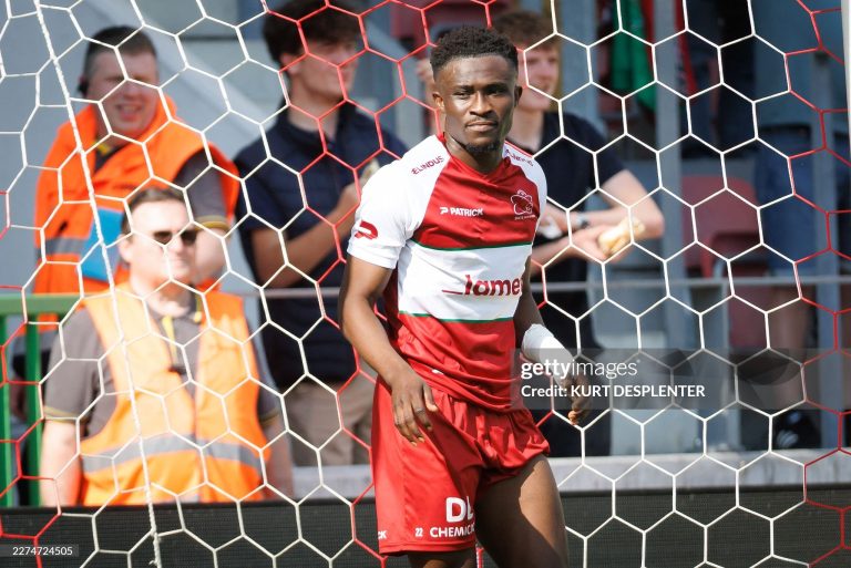 Essevee's Joseph Opoku celebrates after scoring during a soccer match between SV Zulte Waregem and FCV Dender EH, Saturday 09 May 2026 in Waregem, on the sixth and last day of the Relegation Play-offs of the 2025-2026 'Jupiler Pro League' first division of the Belgian championship. BELGA PHOTO KURT DESPLENTER (Photo by KURT DESPLENTER / BELGA MAG / Belga / AFP via Getty Images)