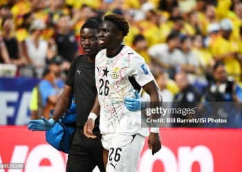 KANSAS CITY, MISSOURI - JULY 03: Marvin Senaya #26 of Ghana leaves the field injured during the first half of a FIFA World Cup 2026 Round Of 32 match between Colombia and Ghana at Kansas City Stadium on July 3, 2026 in Kansas City, Missouri. (Photo by Bill Barrett/ISI Photos/ISI Photos via Getty Images)