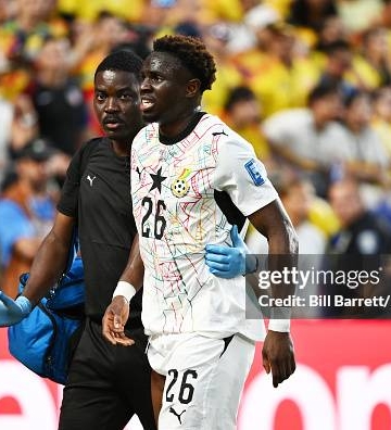 KANSAS CITY, MISSOURI - JULY 03: Marvin Senaya #26 of Ghana leaves the field injured during the first half of a FIFA World Cup 2026 Round Of 32 match between Colombia and Ghana at Kansas City Stadium on July 3, 2026 in Kansas City, Missouri. (Photo by Bill Barrett/ISI Photos/ISI Photos via Getty Images)