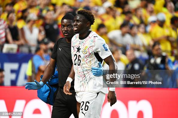 KANSAS CITY, MISSOURI - JULY 03: Marvin Senaya #26 of Ghana leaves the field injured during the first half of a FIFA World Cup 2026 Round Of 32 match between Colombia and Ghana at Kansas City Stadium on July 3, 2026 in Kansas City, Missouri. (Photo by Bill Barrett/ISI Photos/ISI Photos via Getty Images)