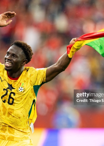TORONTO, CANADA - JUNE 17: Marvin Senaya #26 of Ghana celebrates his team's victory after the FIFA World Cup 2026 Group L match between Ghana and Panama at Toronto Stadium on June 17, 2026 in Toronto, Canada. (Photo by Thiago Szwarc/ISI Photos/ISI Photos via Getty Images)