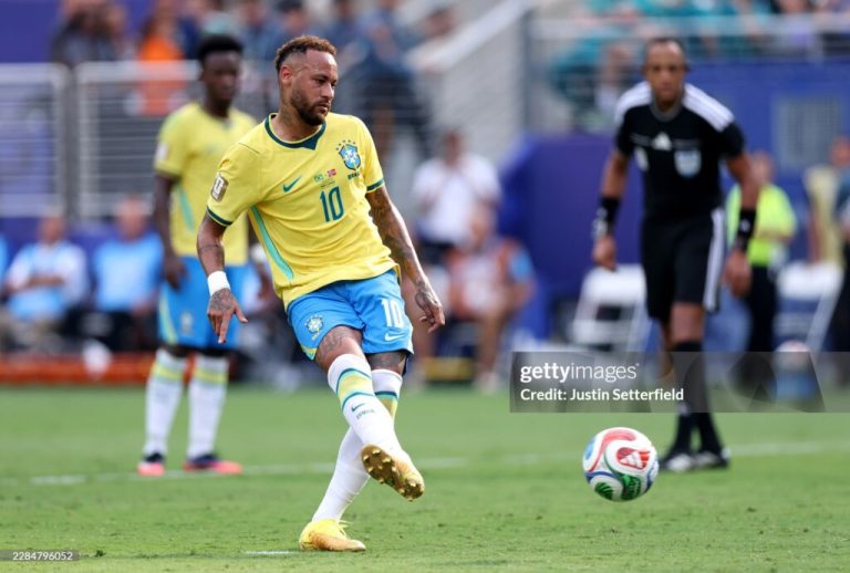 EAST RUTHERFORD, NEW JERSEY - JULY 05: Neymar Jr #10 of Brazil converts a penalty for his team’s first goal during the FIFA World Cup 2026 Round of 16 match between Brazil and Norway at New York New Jersey Stadium on July 05, 2026 in East Rutherford, New Jersey. (Photo by Justin Setterfield/Getty Images)